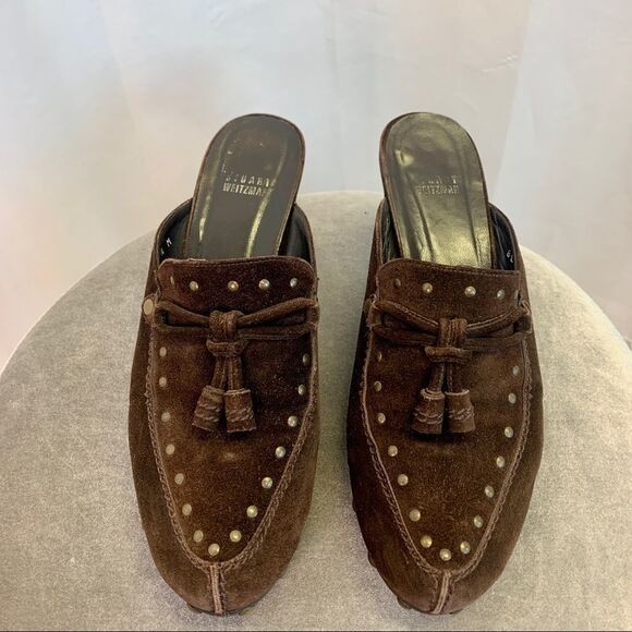 Stuart Weitzman Chocolate Brown Studded Suede Mules clogs size 9.5 - Picture 4 of 11
